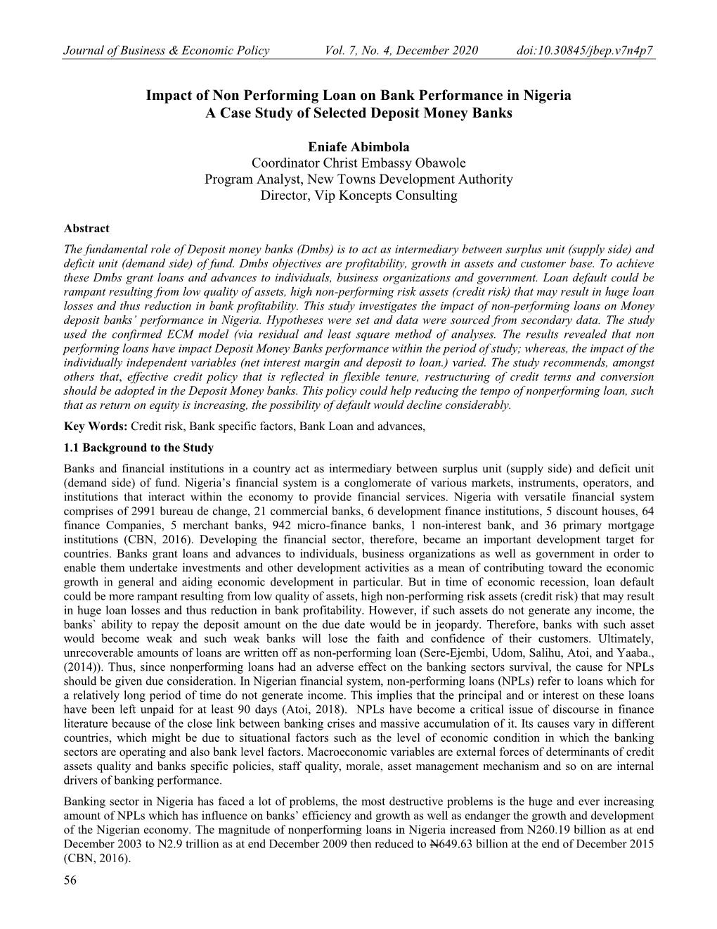 Impact of Non Performing Loan on Bank Performance in Nigeria a Case Study of Selected Deposit Money Banks