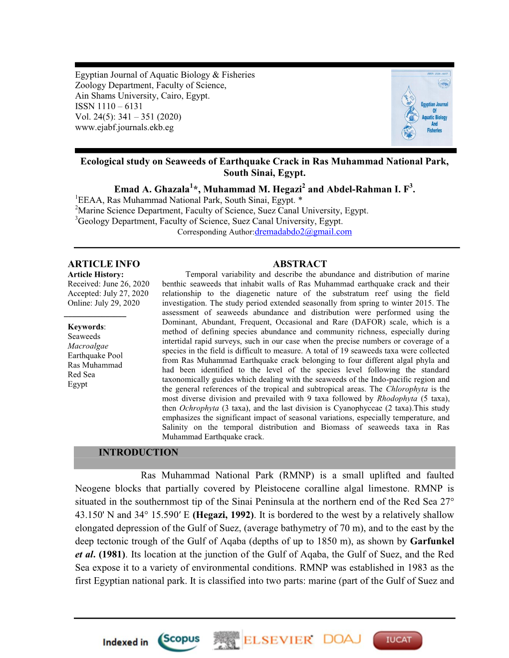 Ecological Study on Seaweeds of Earthquake Crack in Ras Muhammad National Park, South Sinai, Egypt