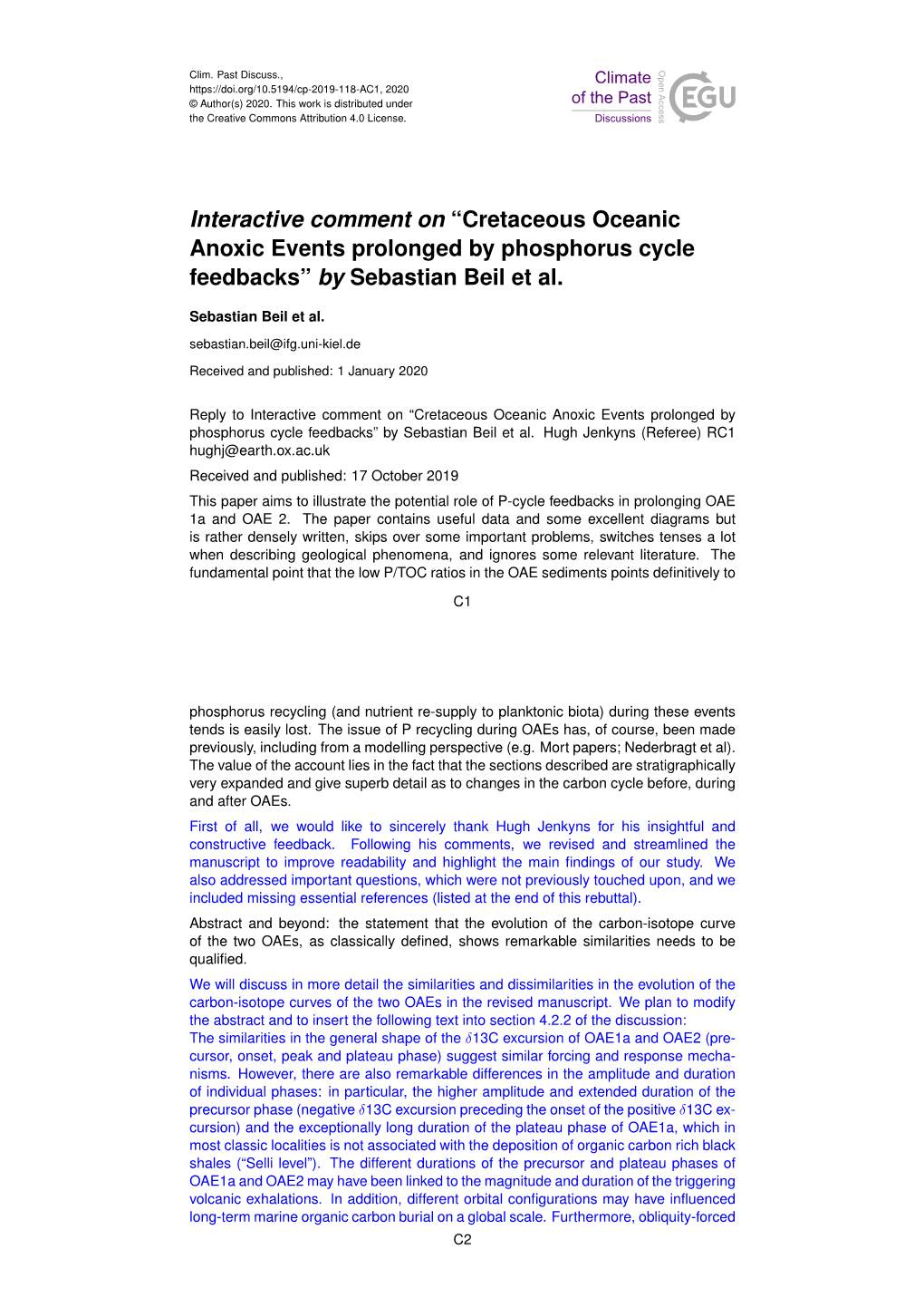 Cretaceous Oceanic Anoxic Events Prolonged by Phosphorus Cycle Feedbacks” by Sebastian Beil Et Al