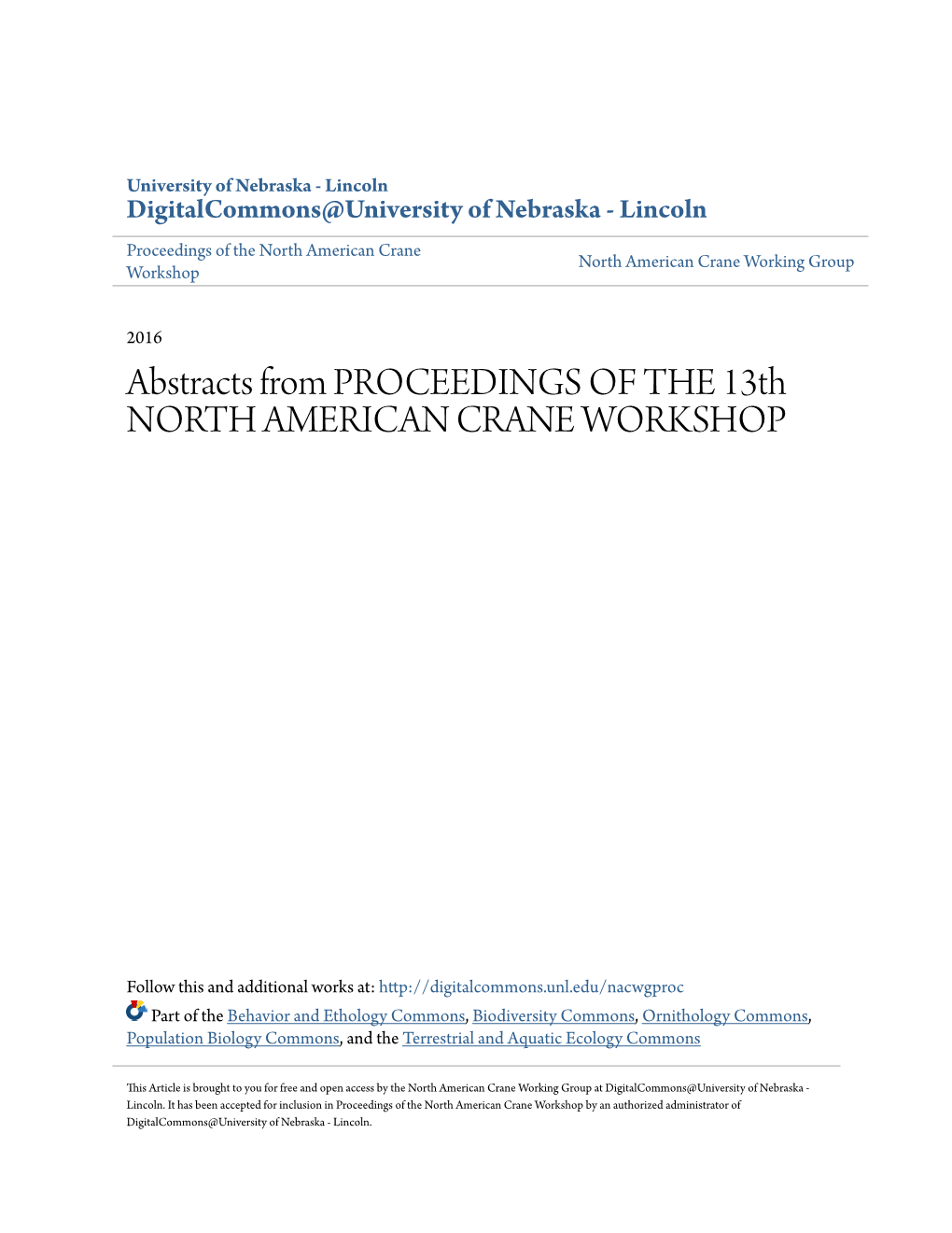 Abstracts from PROCEEDINGS of the 13Th NORTH AMERICAN CRANE ORKW SHOP