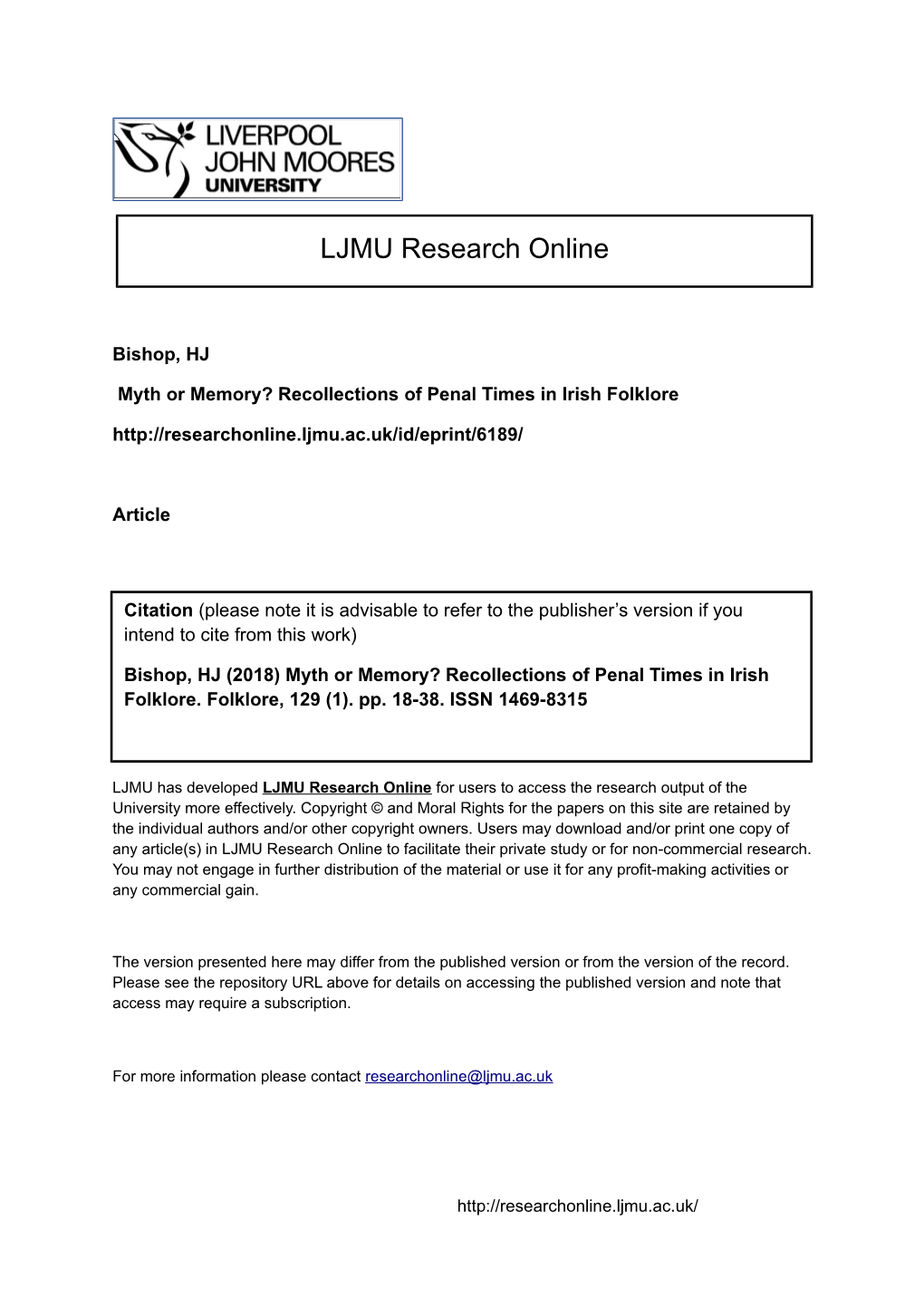 Myth Or Memory Recollections of Penal Times in Irish Folklore.Pdf