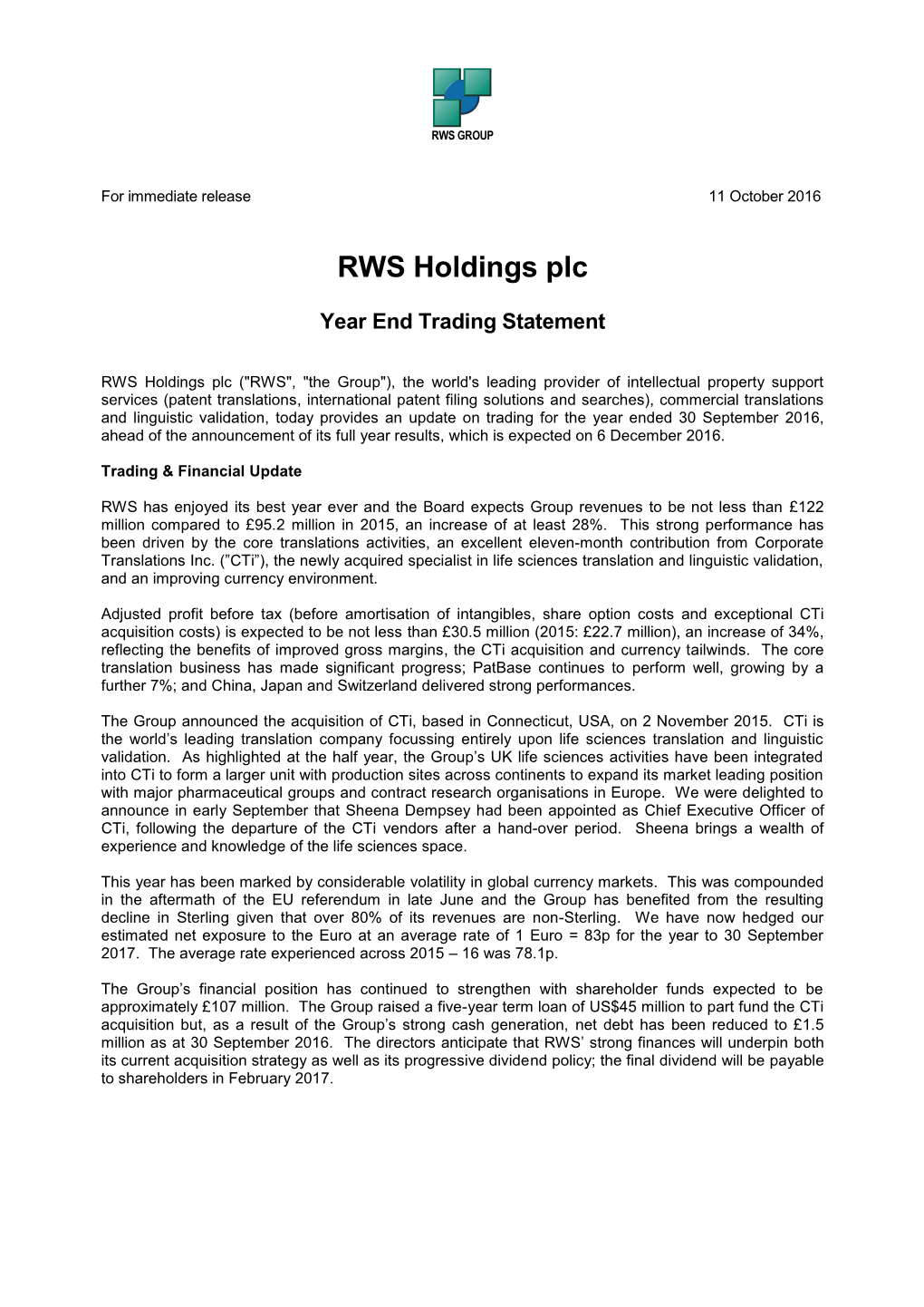 RWS Holdings Plc