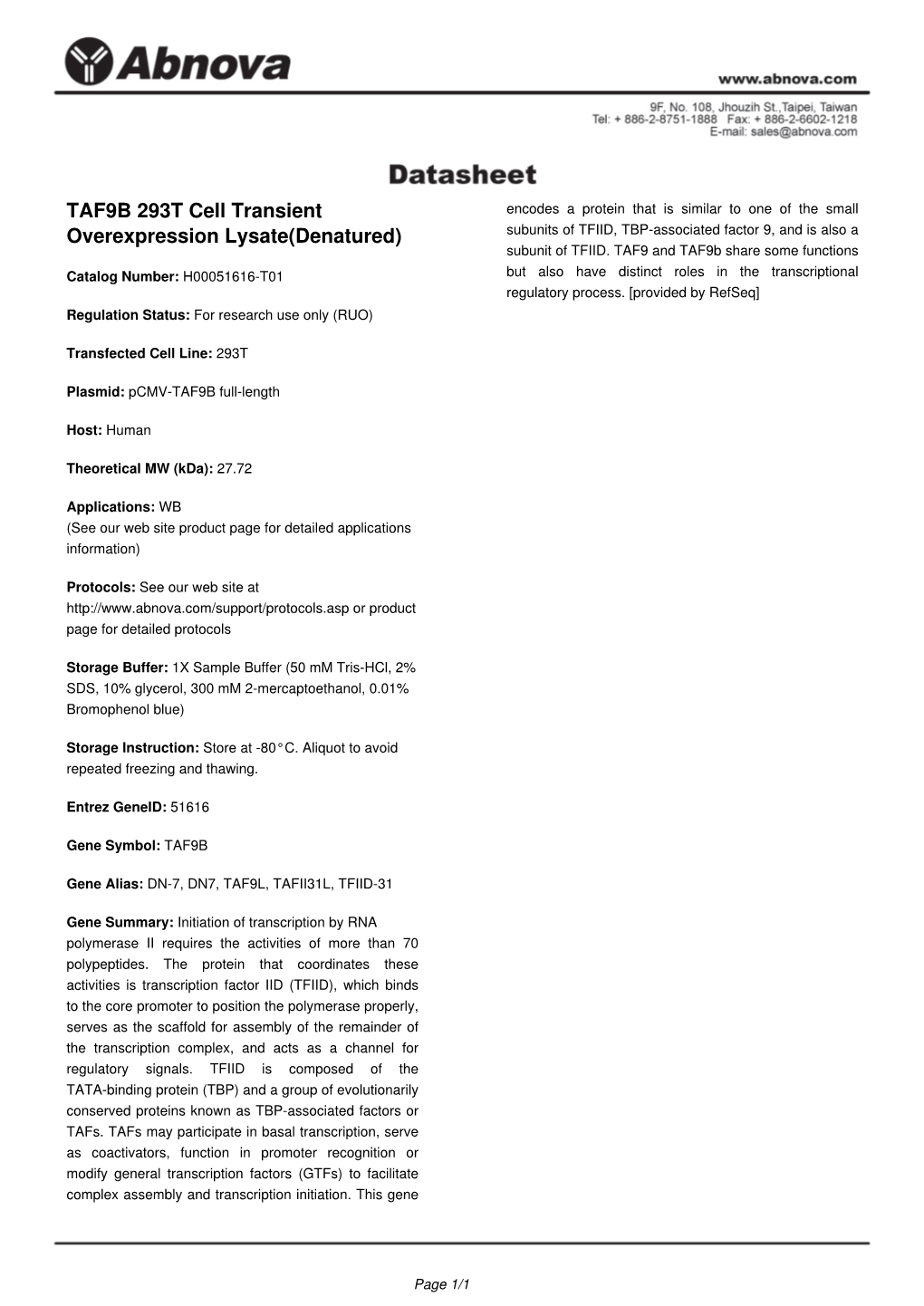 TAF9B 293T Cell Transient Overexpression Lysate(Denatured)