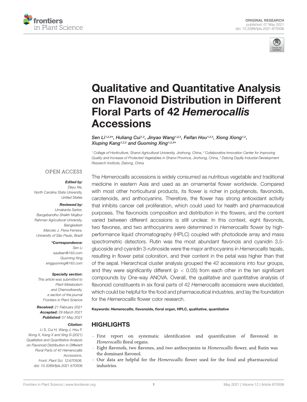 Qualitative and Quantitative Analysis on Flavonoid Distribution in Different Floral Parts of 42 Hemerocallis Accessions