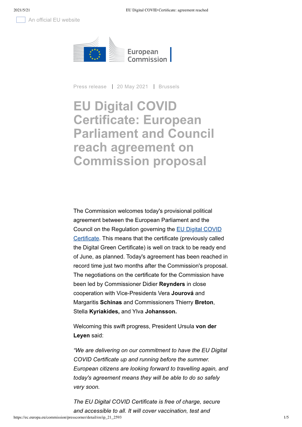 EU Digital COVID Certificate: European Parliament and Council Reach Agreement on Commission Proposal