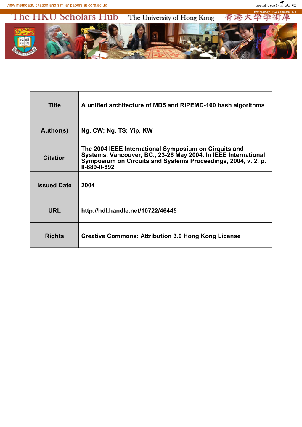 A Unified Architecture of MD5 and RIPEMD-160 Hash Algorithms