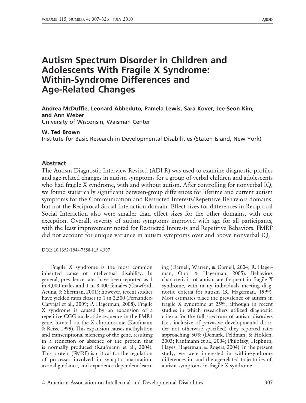 Autism Spectrum Disorder in Children and Adolescents with Fragile X Syndrome: Within-Syndrome Differences and Age-Related Changes