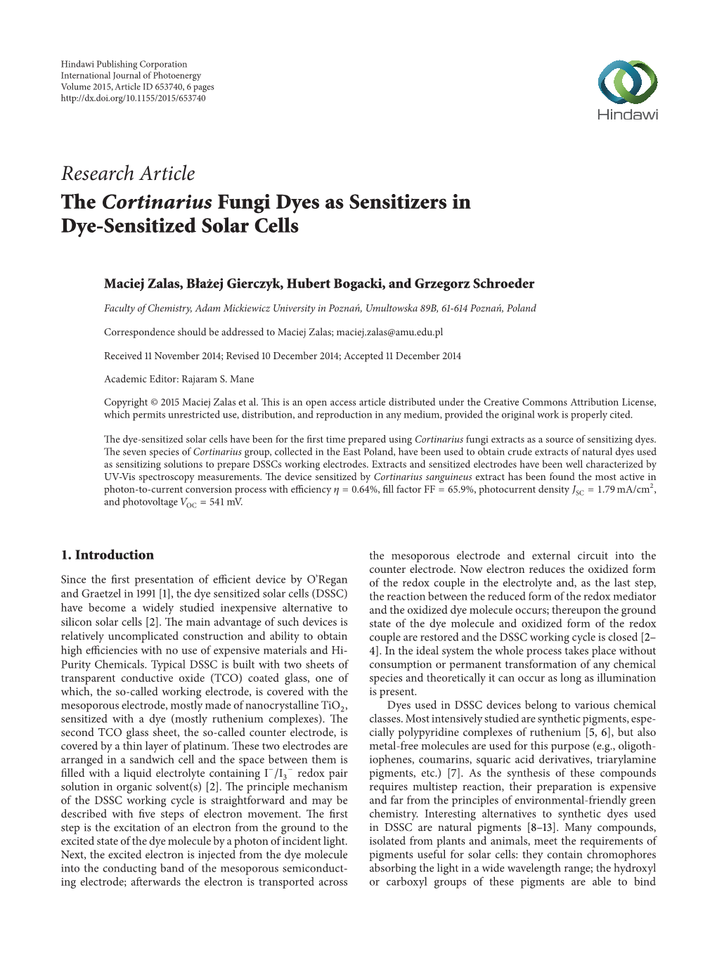 The Cortinarius Fungi Dyes As Sensitizers in Dye-Sensitized Solar Cells