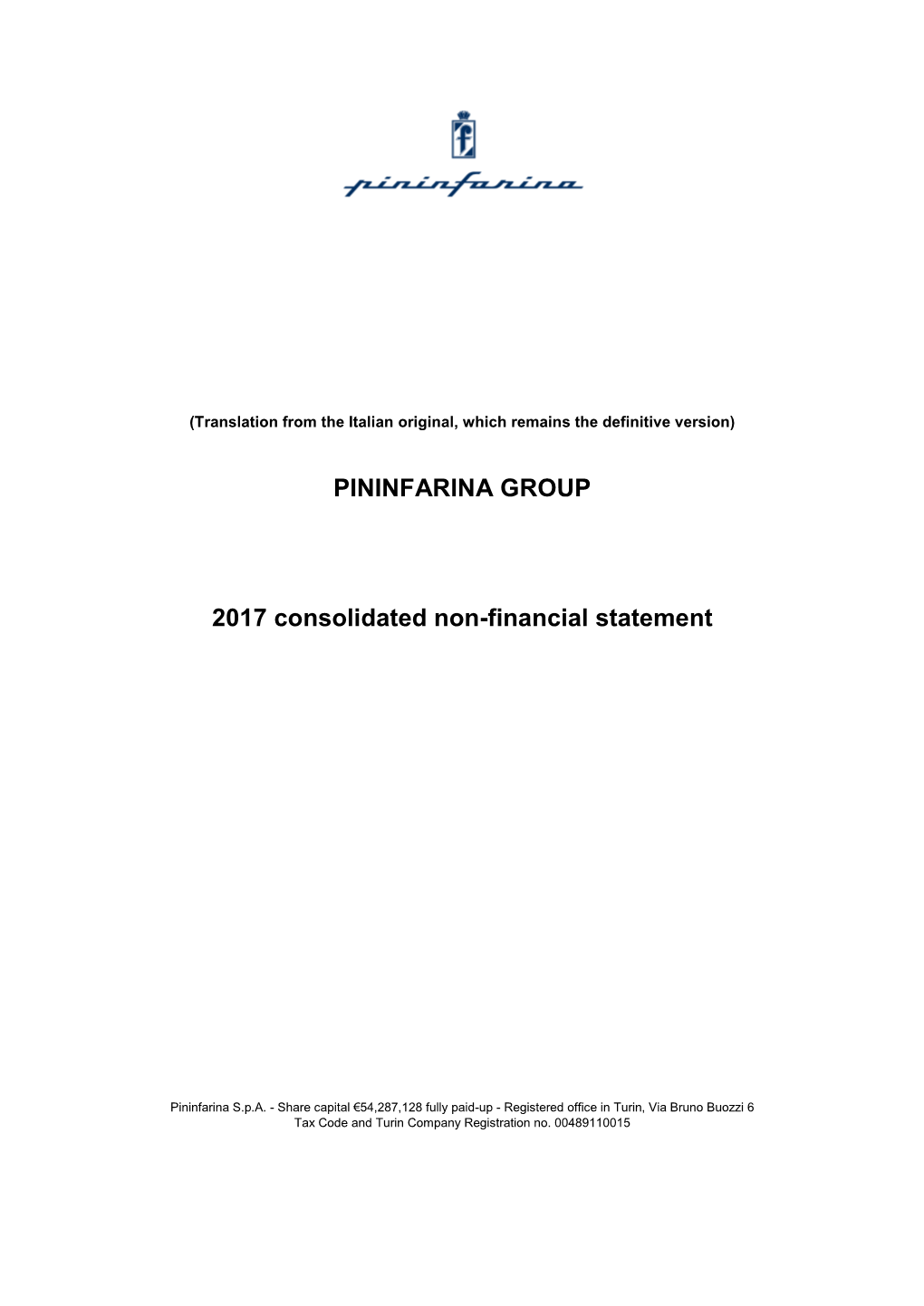 Pininfarina Group 2017 Consolidated Non-Financial Statement