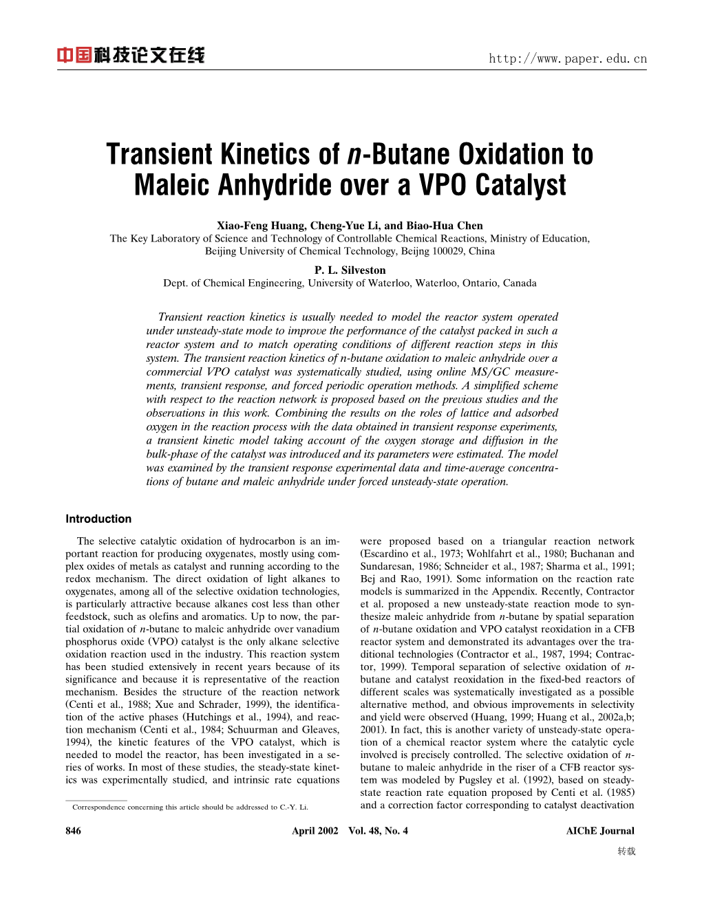 Transient Kinetics of N-Butane Oxidation to Maleic Anhydride Over a VPO Catalyst