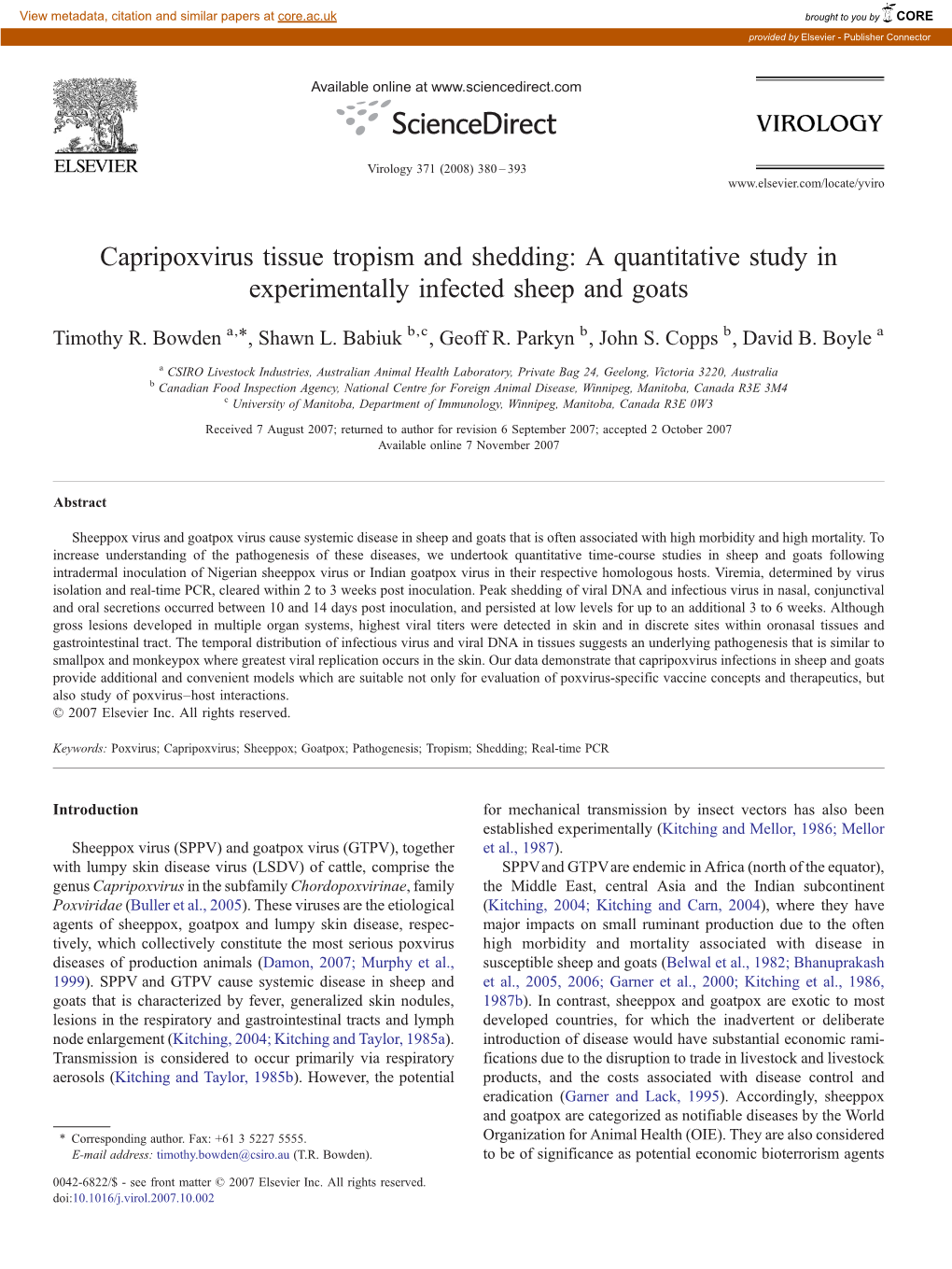 Capripoxvirus Tissue Tropism and Shedding: a Quantitative Study in Experimentally Infected Sheep and Goats ⁎ Timothy R