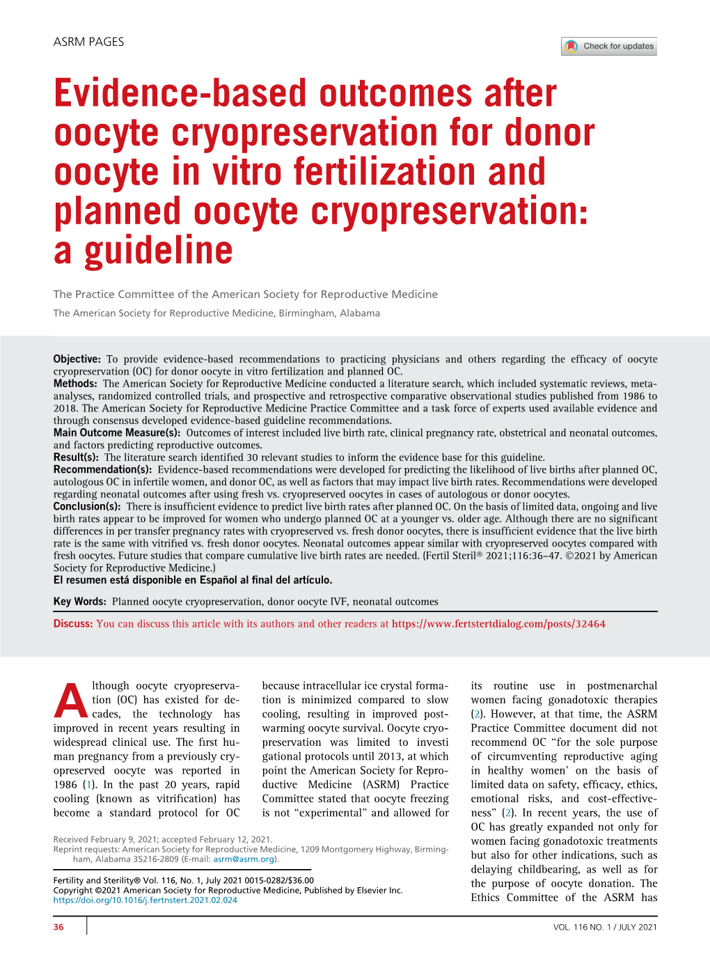 Evidence-Based Outcomes After Oocyte Cryopreservation for Donor Oocyte in Vitro Fertilization and Planned Oocyte Cryopreservation: a Guideline