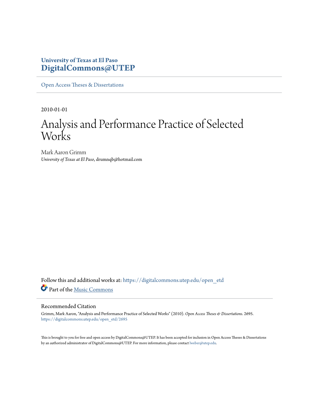 Analysis and Performance Practice of Selected Works Mark Aaron Grimm University of Texas at El Paso, Drumnqb@Hotmail.Com