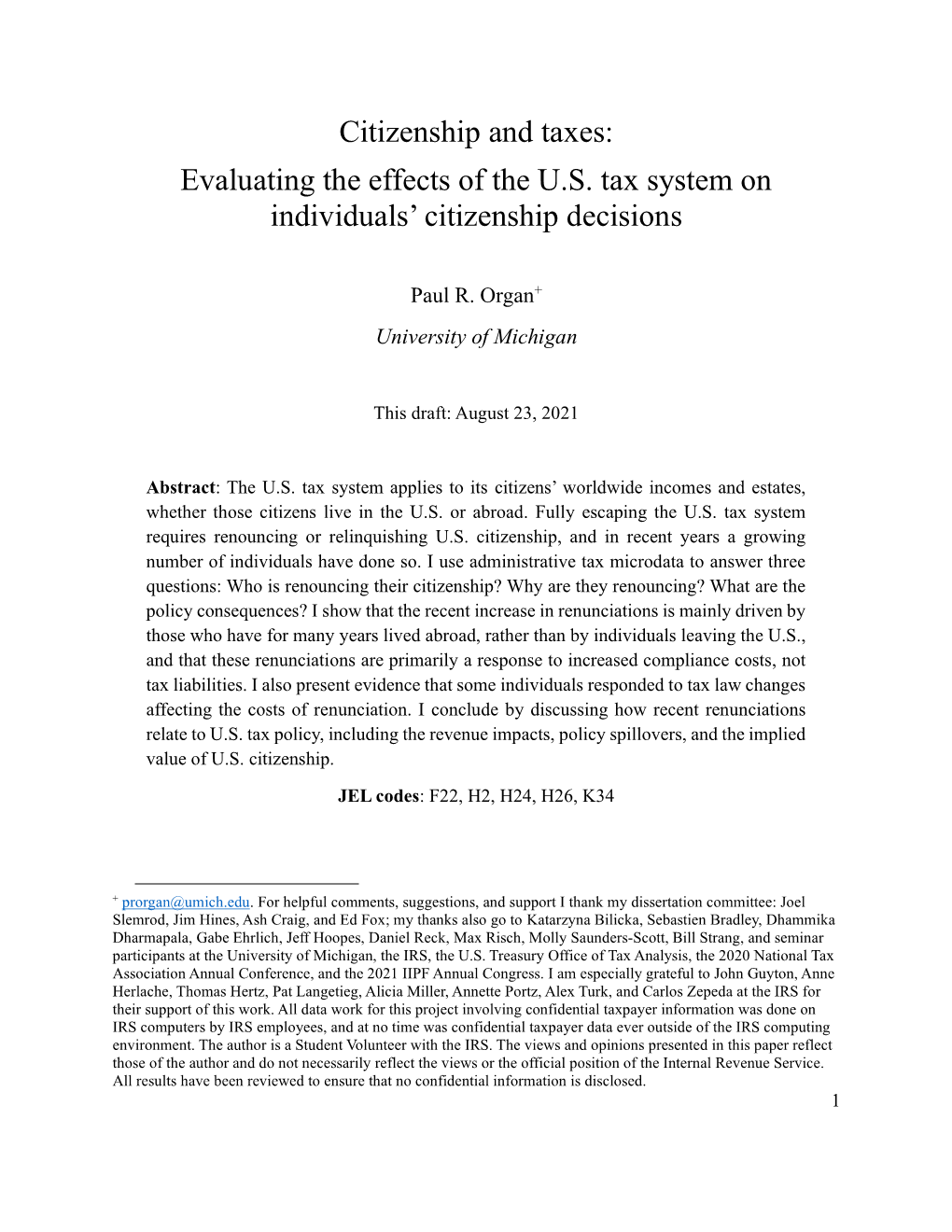 Citizenship and Taxes: Evaluating the Effects of the U.S. Tax System on Individuals’ Citizenship Decisions