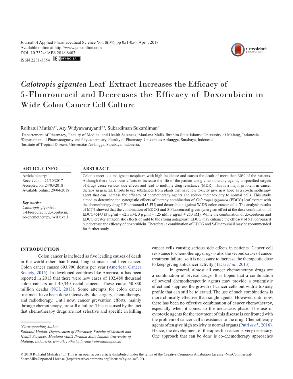 Calotropis Gigantea Leaf Extract Increases the Efficacy of 5-Fluorouracil and Decreases the Efficacy of Doxorubicin in Widr Colon Cancer Cell Culture