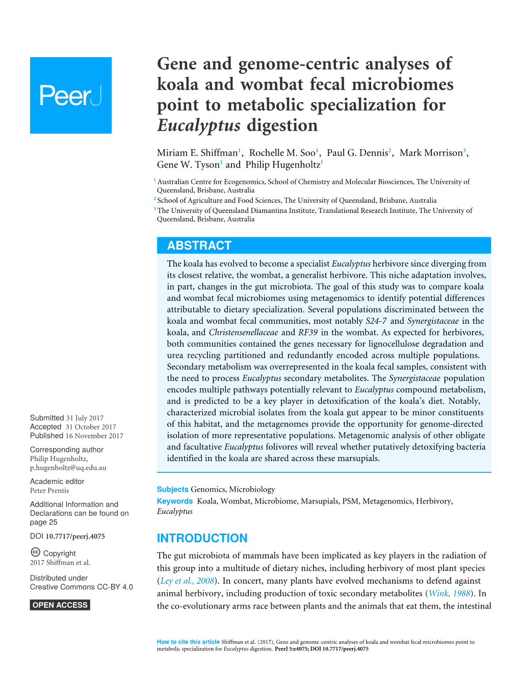 Gene and Genome-Centric Analyses of Koala and Wombat Fecal Microbiomes Point to Metabolic Specialization for Eucalyptus Digestion