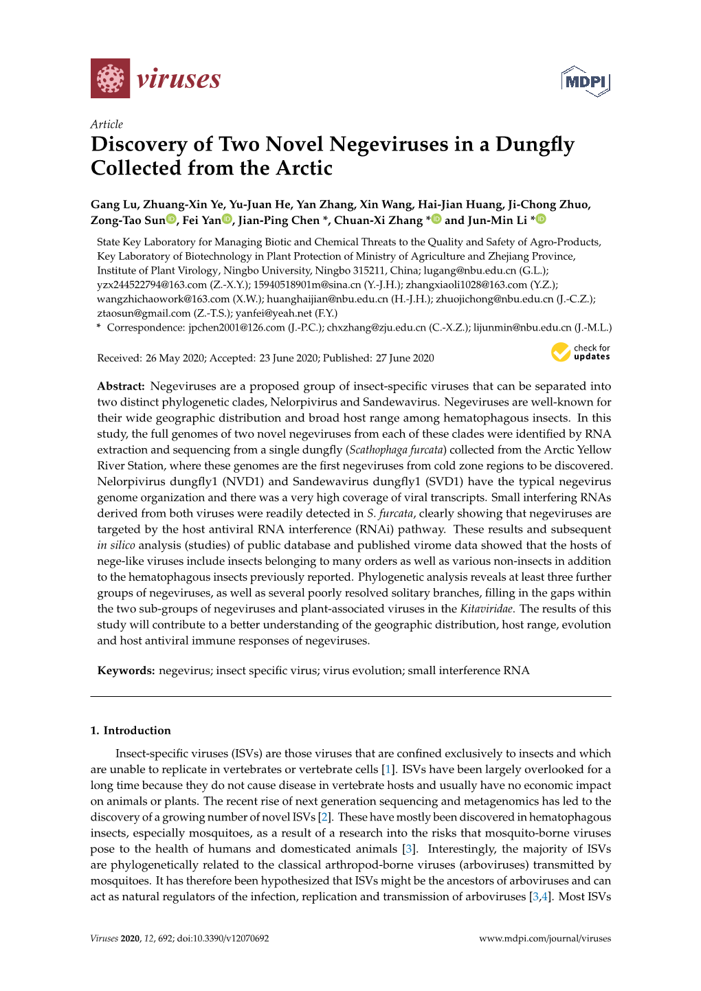 Discovery of Two Novel Negeviruses in a Dungfly Collected from the Arctic