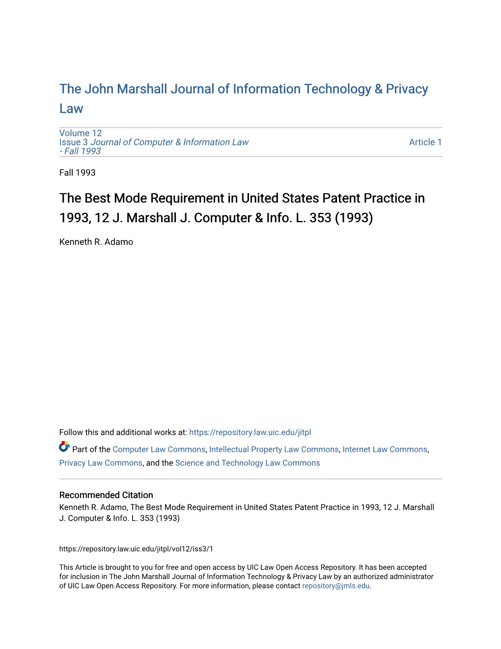 The Best Mode Requirement in United States Patent Practice in 1993, 12 J