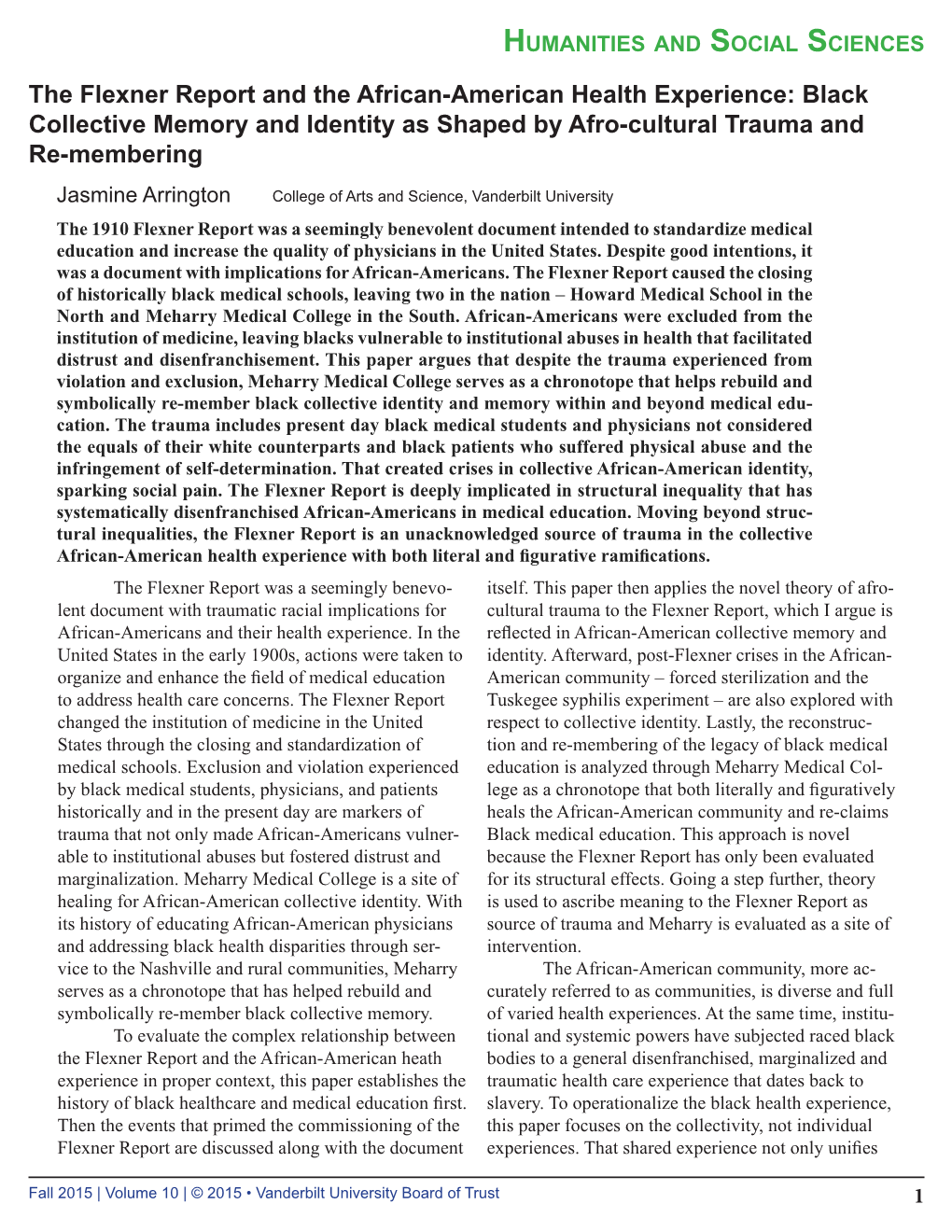 The Flexner Report and the African-American Health Experience: Black Collective Memory and Identity As Shaped by Afro-Cultural Trauma and Re-Membering