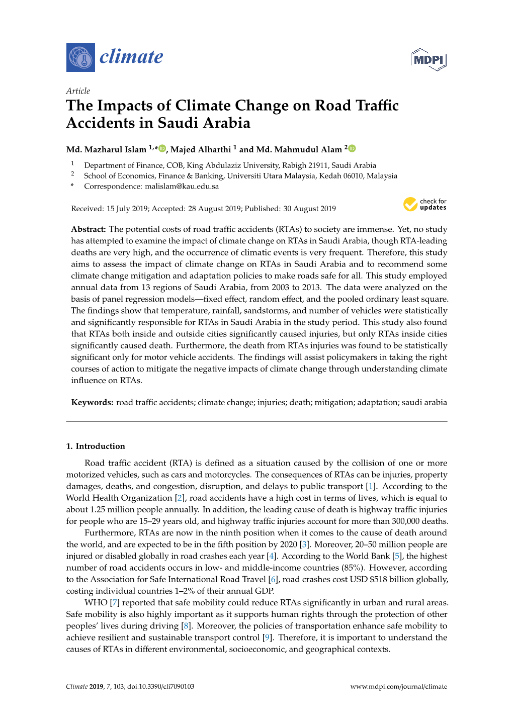 The Impacts of Climate Change on Road Traffic Accidents in Saudi