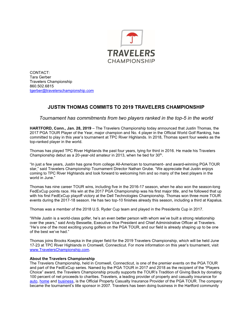 Justin Thomas Commits to 2019 Travelers Championship