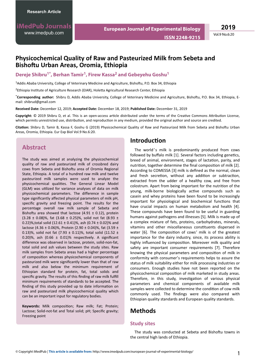 Physicochemical Quality of Raw and Pasteurized Milk from Sebeta And