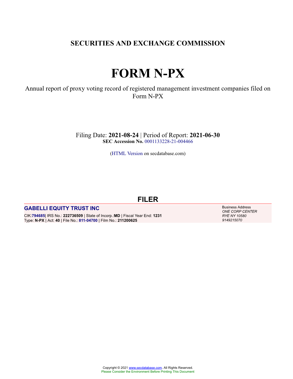 GABELLI EQUITY TRUST INC Form N-PX Filed