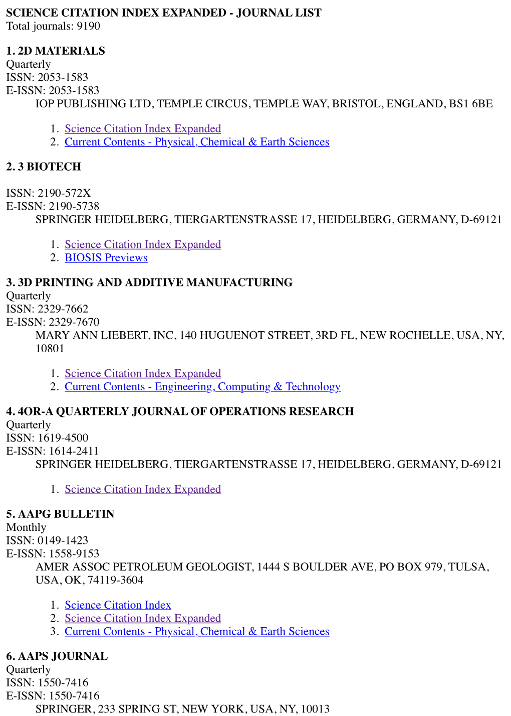 SCIENCE CITATION INDEX EXPANDED - JOURNAL LIST Total Journals: 9190