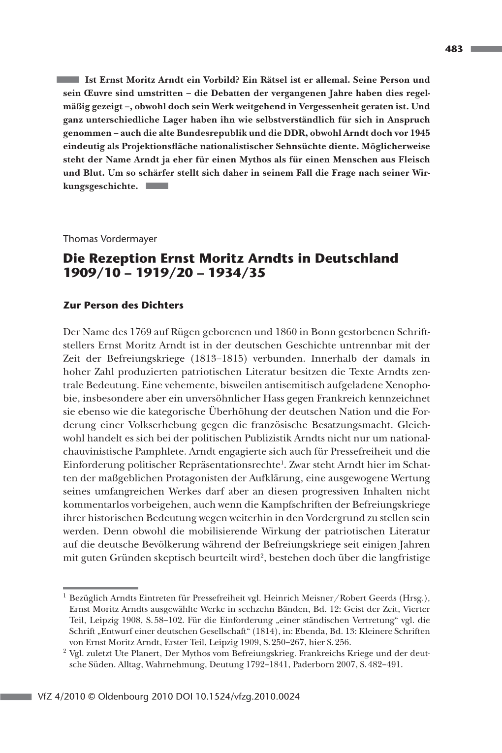 Die Rezeption Ernst Moritz Arndts in Deutschland 1909/10 – 1919/20 – 1934/35