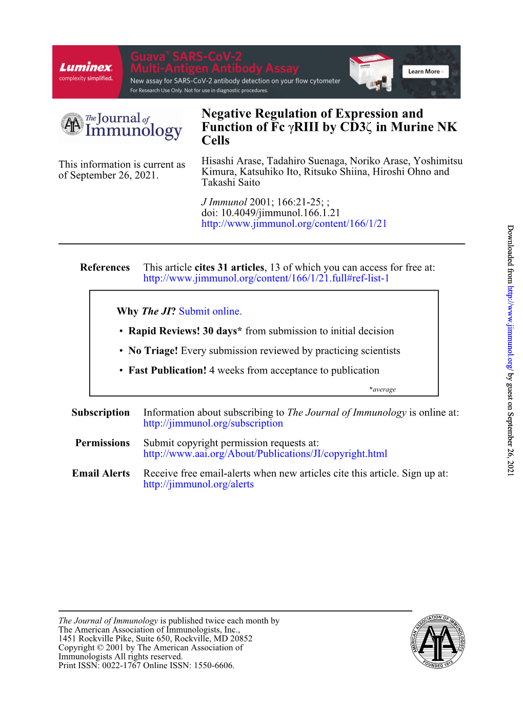 Cells in Murine NK Ζ RIII by CD3 Γ Function of Fc Negative Regulation