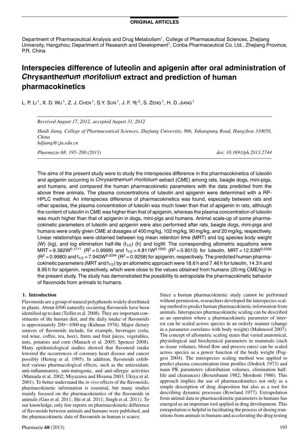 Interspecies Difference of Luteolin and Apigenin After Oral Administration of Chrysanthemum Morifolium Extract and Prediction of Human Pharmacokinetics