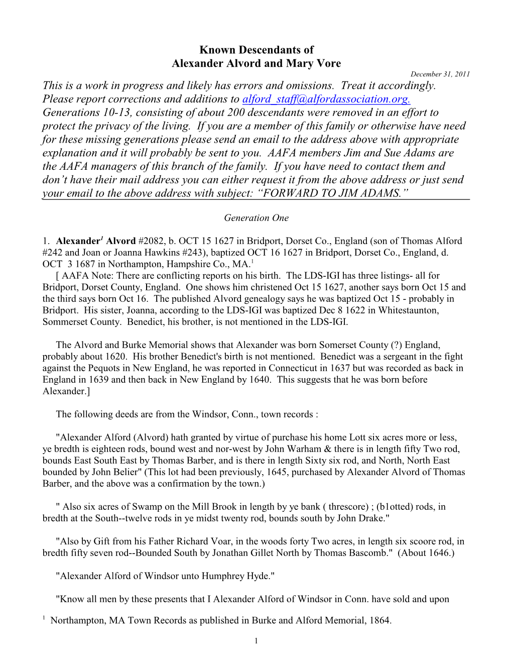 Known Descendants of Alexander Alvord and Mary Vore December 31, 2011 This Is a Work in Progress and Likely Has Errors and Omissions