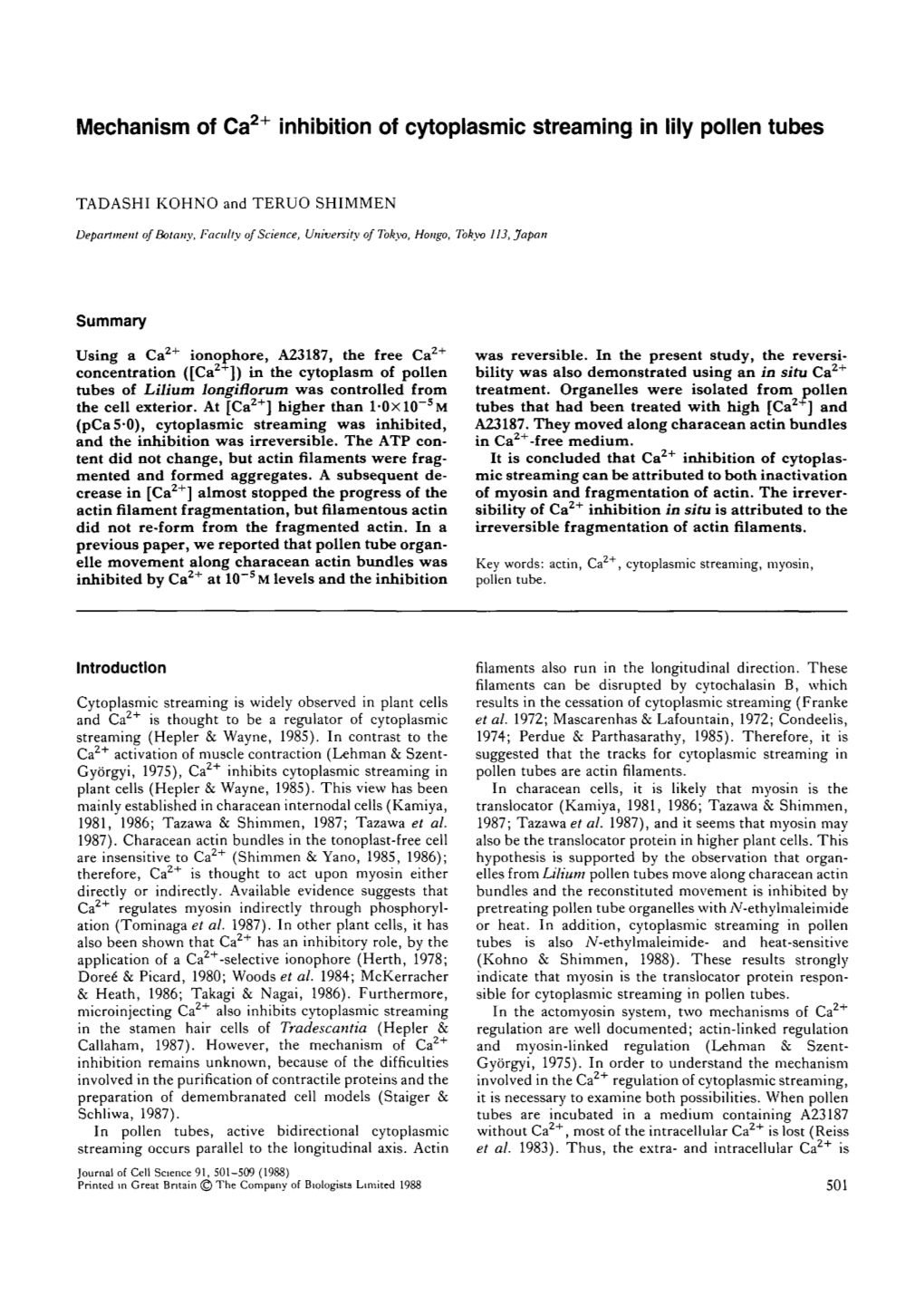 Mechanism of Ca Inhibition of Cytoplasmic Streaming in Lily Pollen Tubes