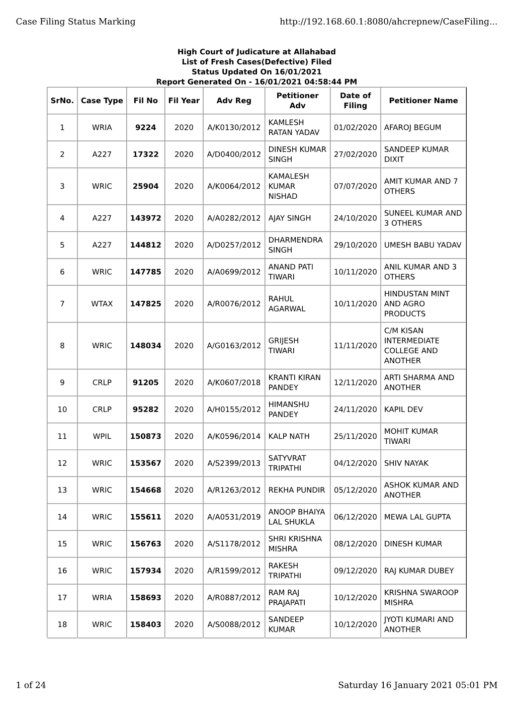 Case Filing Status Marking