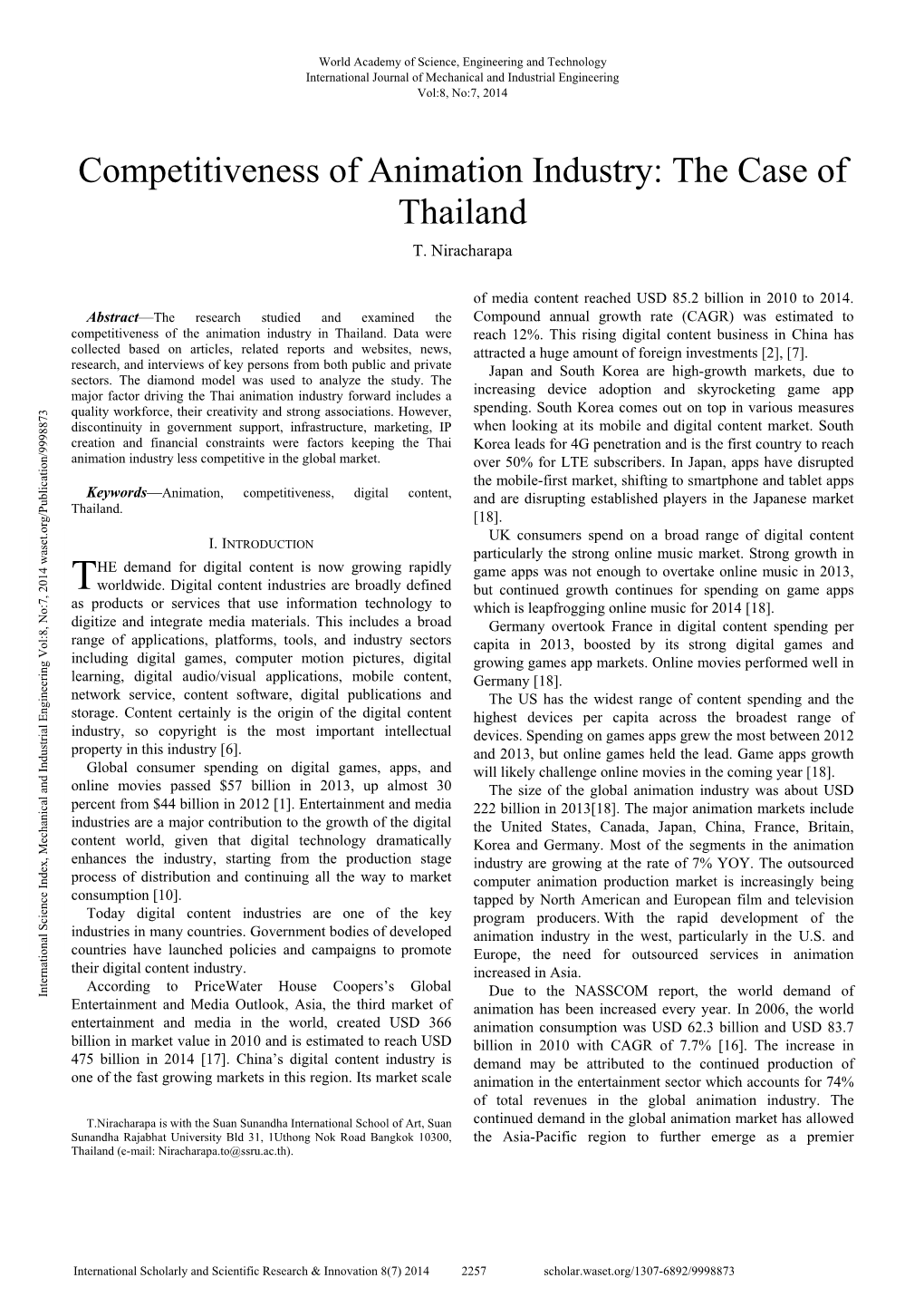 Competitiveness of Animation Industry: the Case of Thailand T