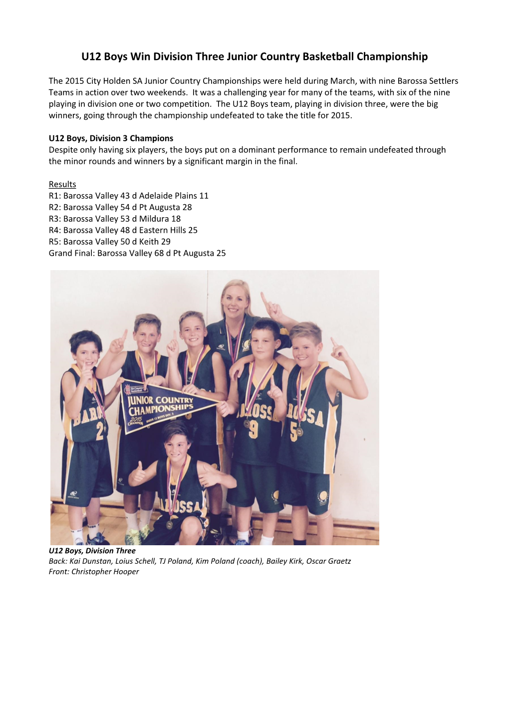 U12 Boys Win Division Three Junior Country Basketball Championship