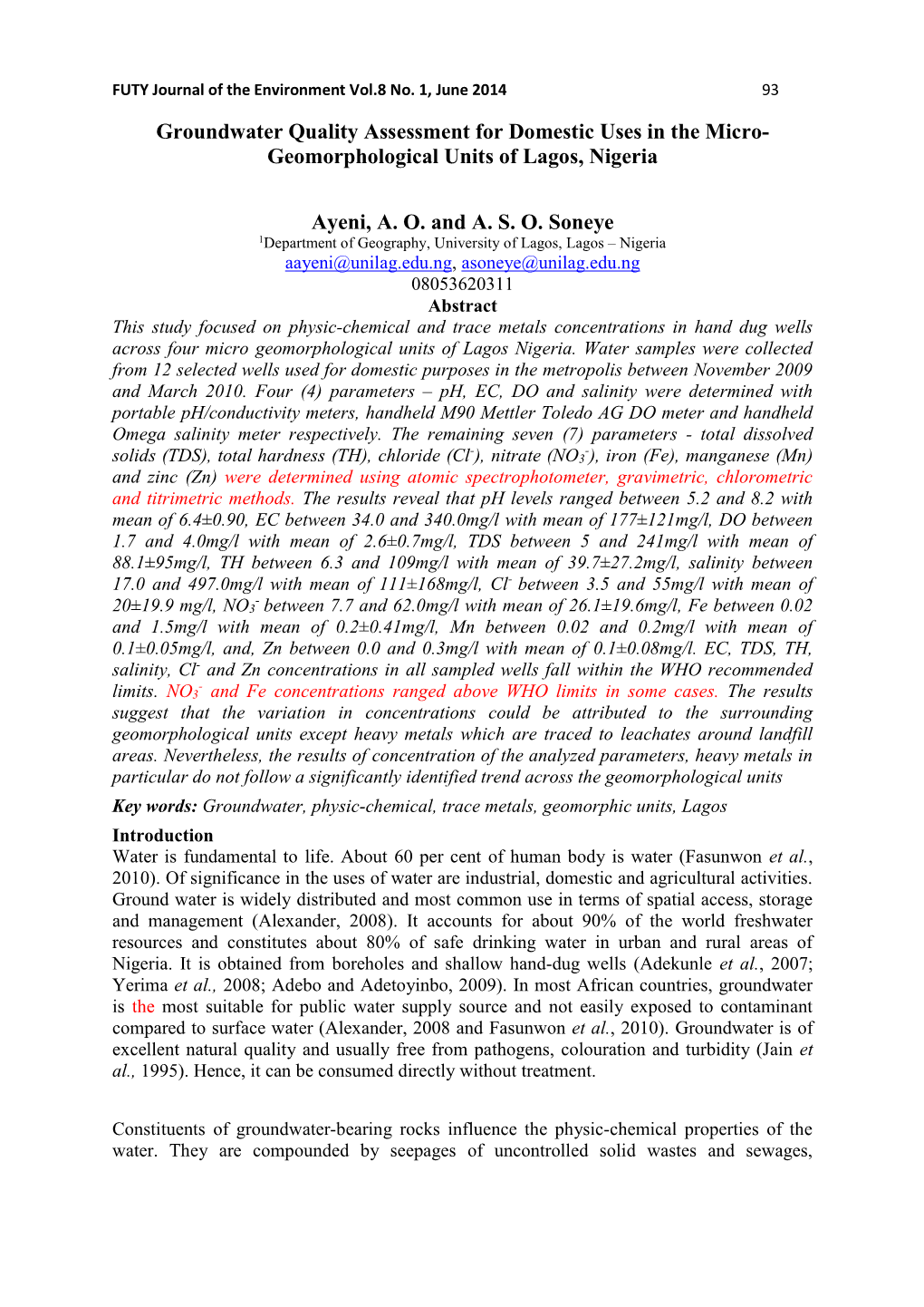 Geomorphological Units of Lagos, Nigeria Ayeni, AO and AS O