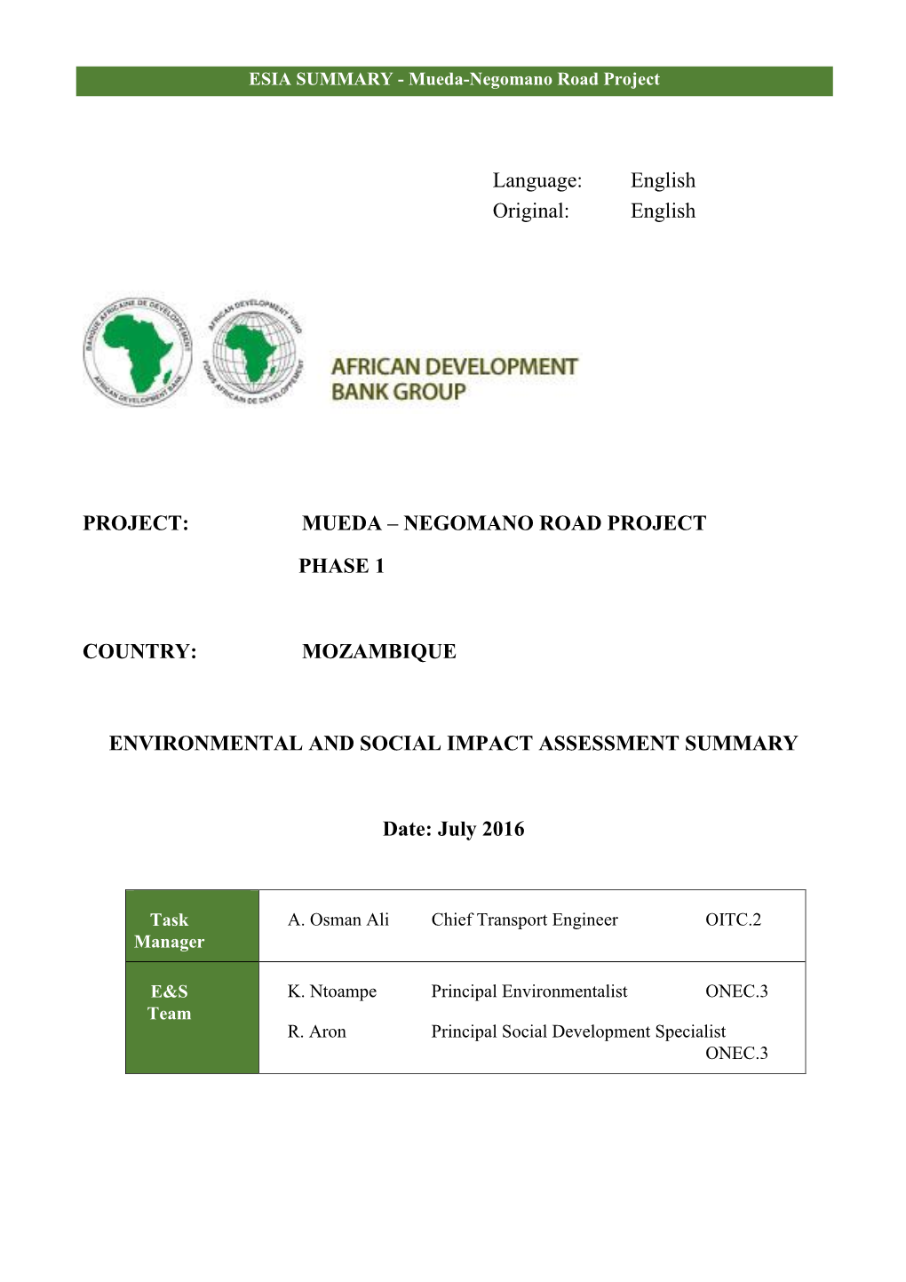 Mueda – Negomano Road Project Phase 1 Country