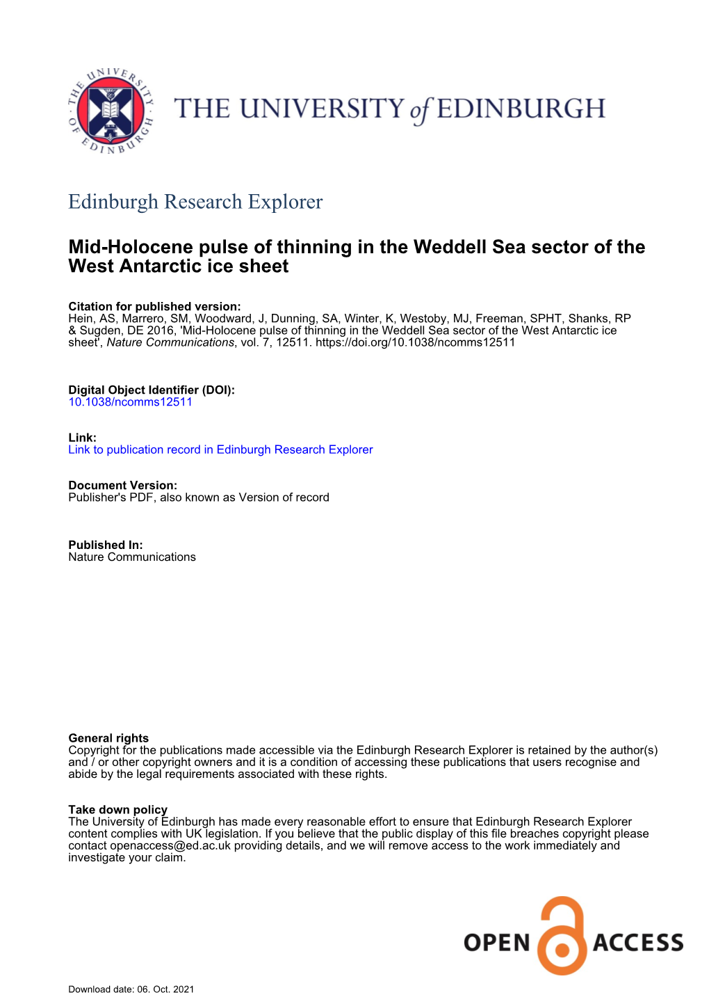 Mid-Holocene Pulse of Thinning in the Weddell Sea Sector of The