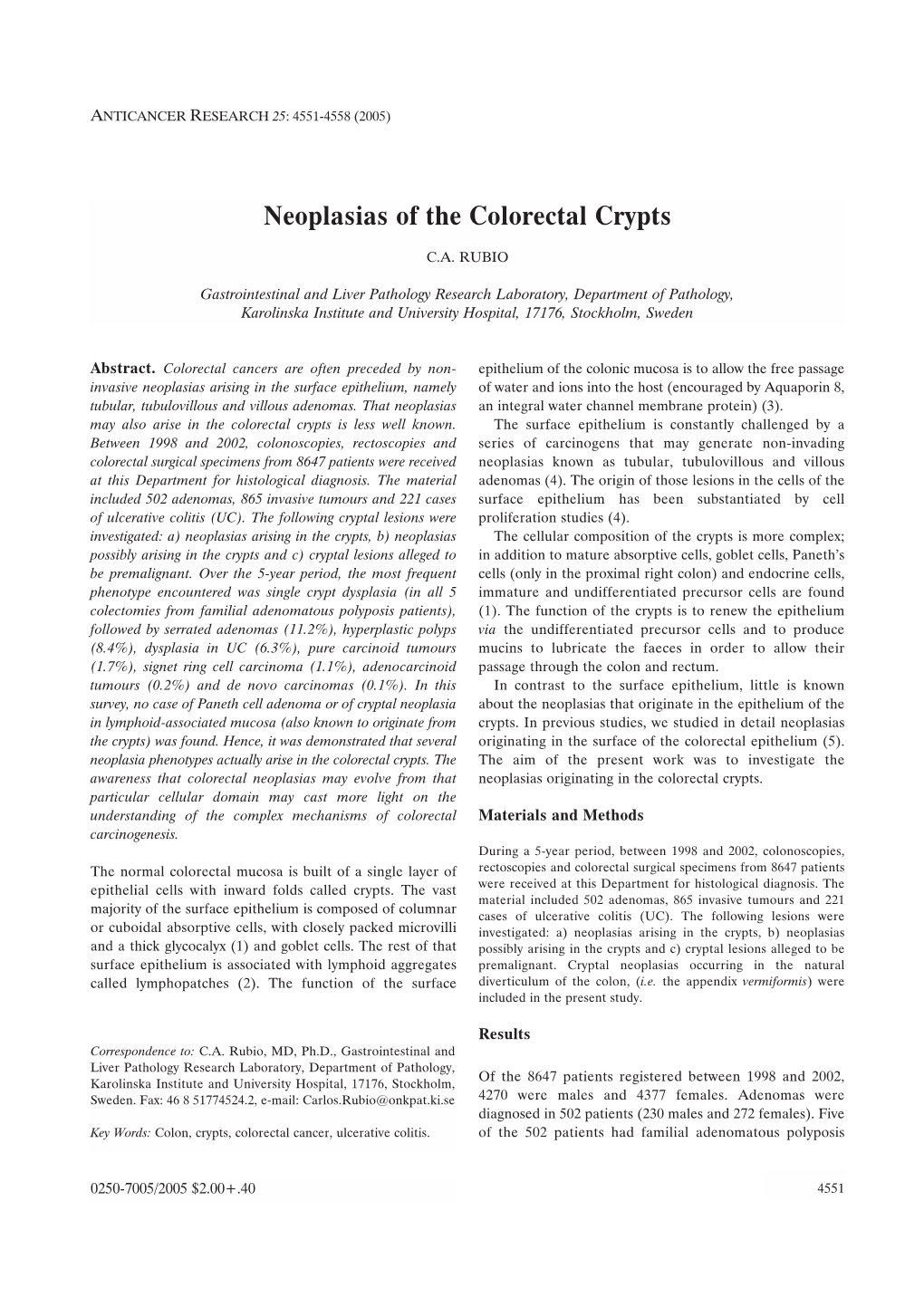 Neoplasias of the Colorectal Crypts