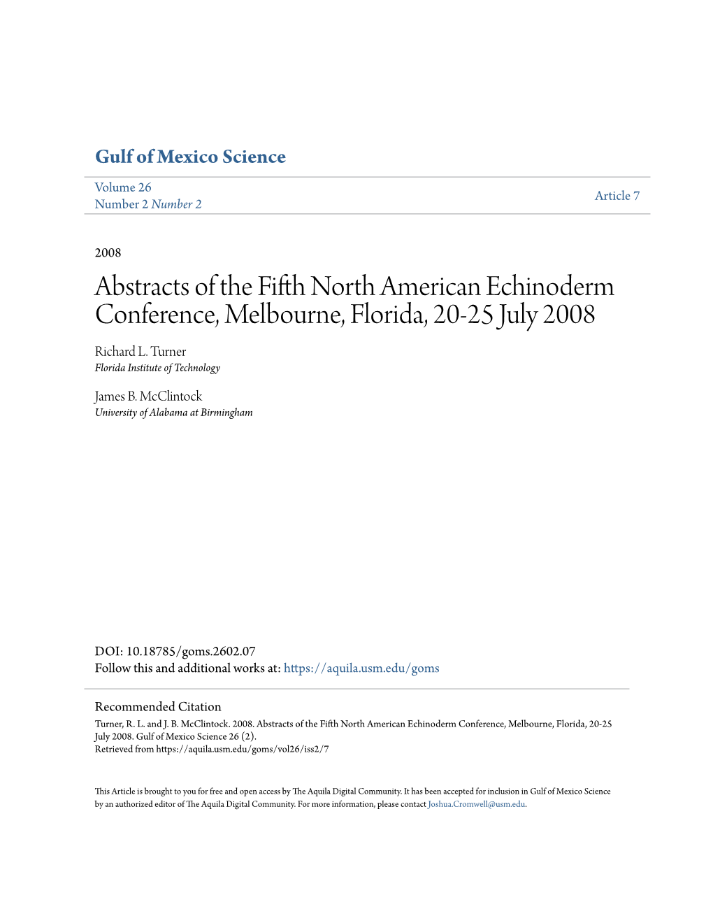 Abstracts of the Fifth North American Echinoderm Conference, Melb