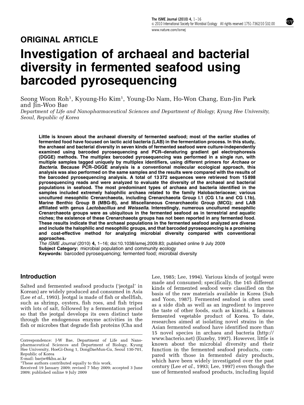 Investigation of Archaeal and Bacterial Diversity in Fermented Seafood Using Barcoded Pyrosequencing