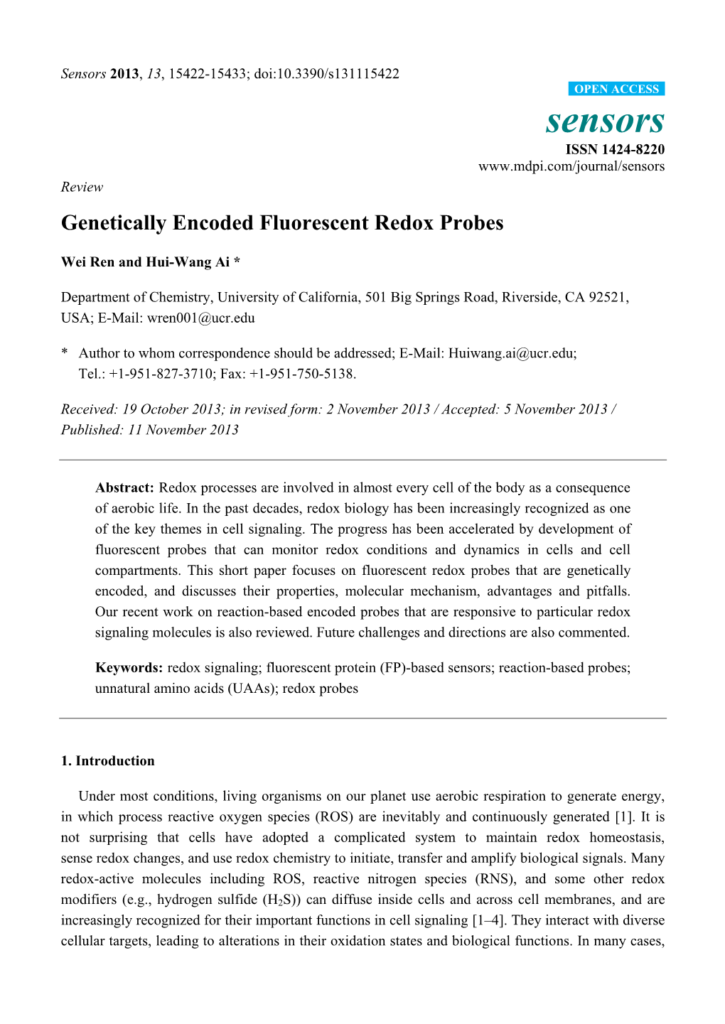 Genetically Encoded Fluorescent Redox Probes