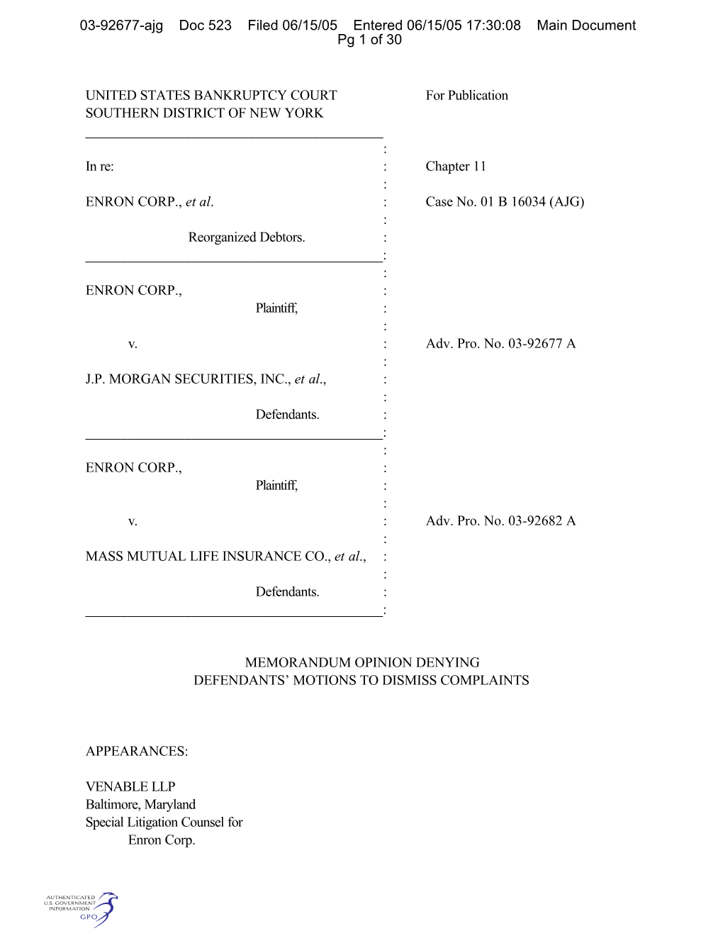 UNITED STATES BANKRUPTCY COURT for Publication SOUTHERN DISTRICT of NEW YORK ______: in Re: : Chapter 11 : ENRON CORP., Et Al