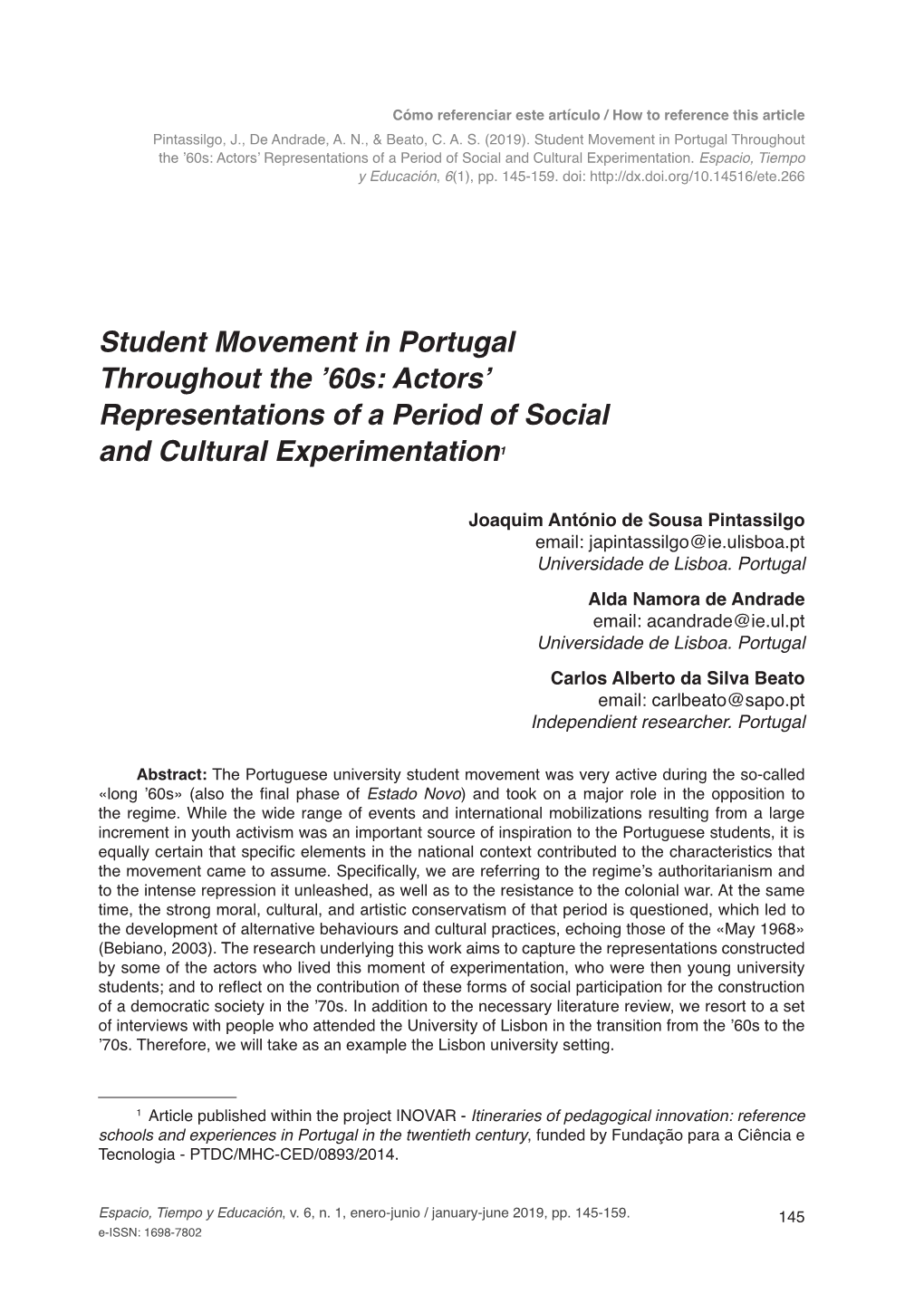 Student Movement in Portugal Throughout the ’60S: Actors’ Representations of a Period of Social and Cultural Experimentation