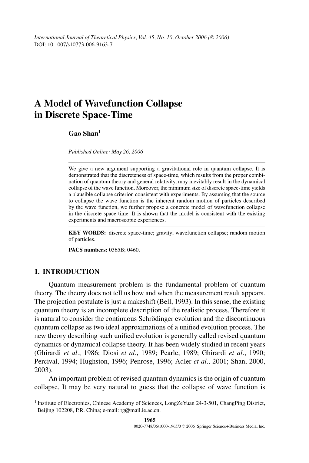 A Model of Wavefunction Collapse in Discrete Space-Time