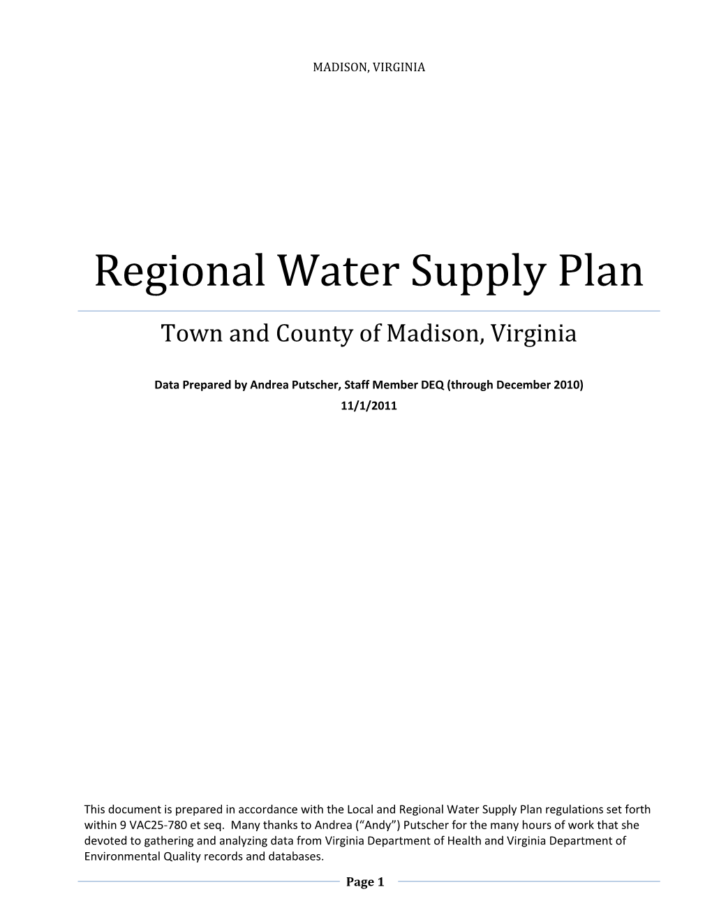 Regional Water Supply Plan Town and County of Madison, Virginia