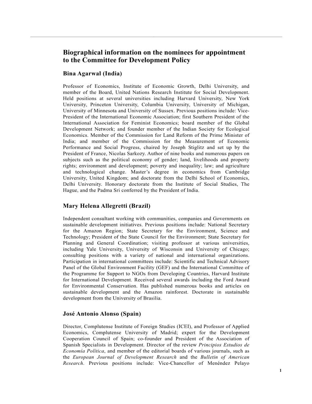 Biographical Information on the Nominees for Appointment to the Committee for Development Policy