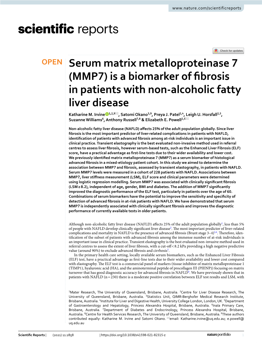 Serum Matrix Metalloproteinase 7 (MMP7) Is a Biomarker of Fibrosis In