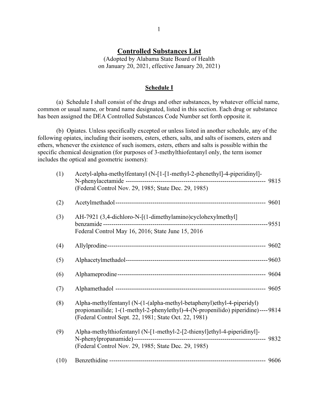 Controlled Substances List (Adopted by Alabama State Board of Health on January 20, 2021, Effective January 20, 2021)